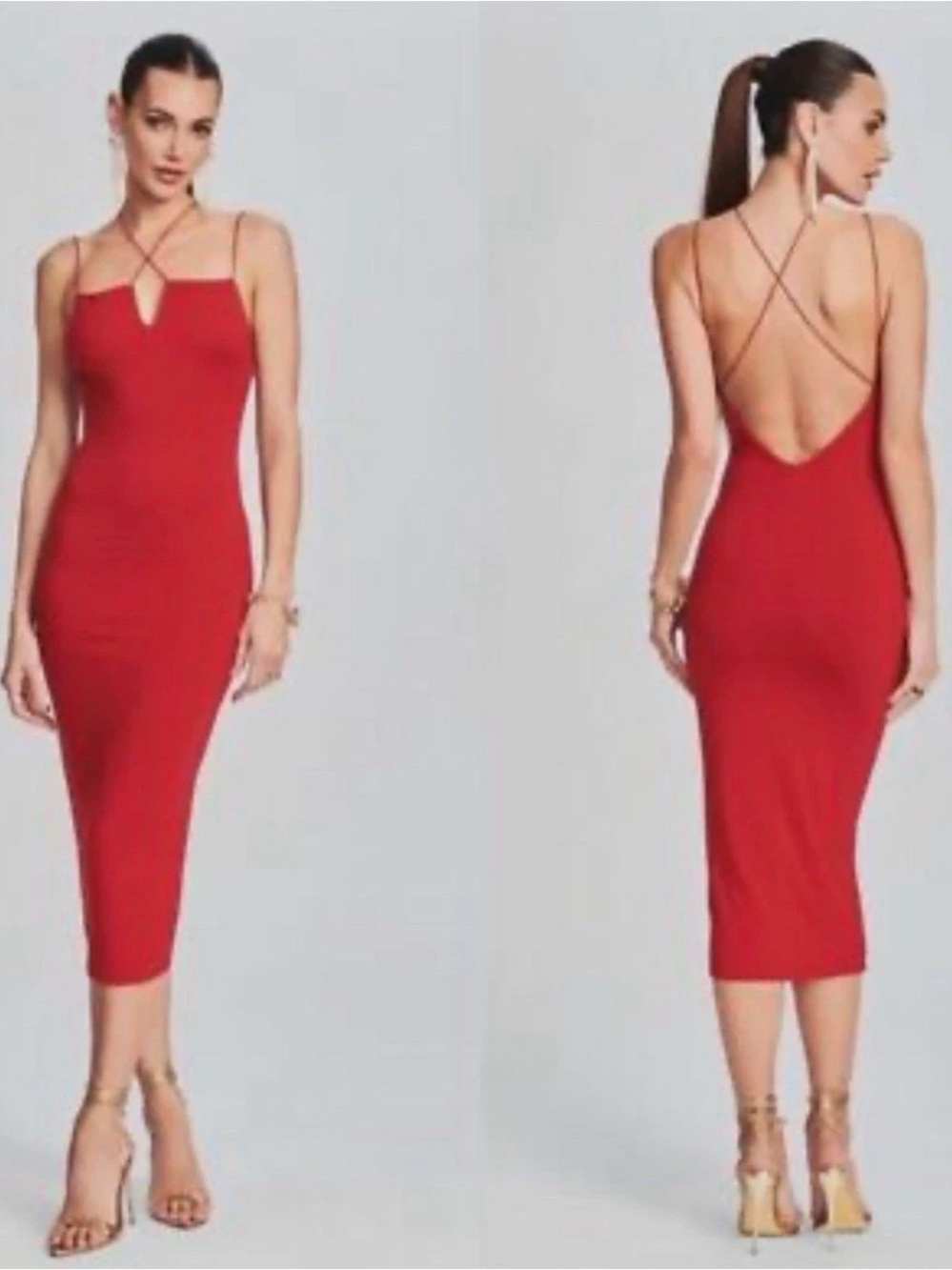 SER.O.YA Brogan Dress Bodycon Strappy Midi Red Retrofete Low Back Size Large NWT